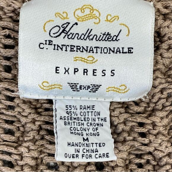 Express 90s Vintage Hand Knit Oversized Chunky Sweater Tan Taupe Medium V Neck - Picture 9 of 11